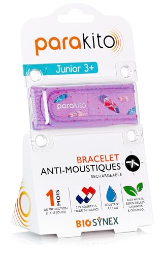 PARAKITO - Bracelet Anti-Moustiques Réutilisable - 2 Plaquettes Incluses aux Huiles Essentielles - 1 Mois de Protection - Sans DEET - Taille Junior 3+ (Plumes)