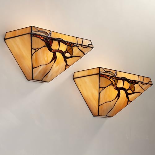 Image of Robert Louis Tiffany Budding Branch Tiffany Style Wall Light Sconces Set of 2 Copper Amber Art Glass Hardwired 14 inch Fixture for Cottage Core Bedroom Bathroom Vanity Living Family Room Home Hallway