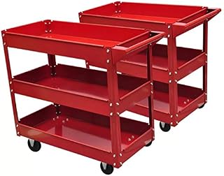 3 Tiers Shelves Garage Tool Cart , 2 Pcs Heavy Duty Workshop Mechanic Service Utility Storage Trolley , with 4 Wheels (2 Locked, 2 swivel), Load 100 kg Red 840 x 410 x 780 mm