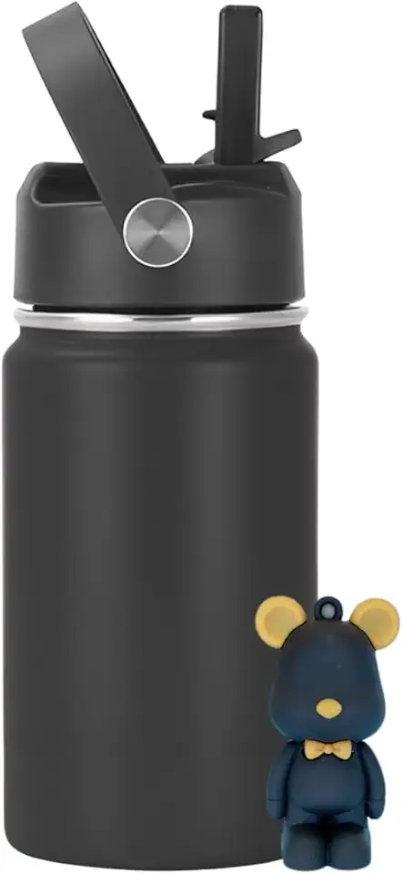Garrafa Térmica Infantil Inox 350ml com Canudo, Alça e Antivazamento | Acompanha Chaveiro 3D (Preto)