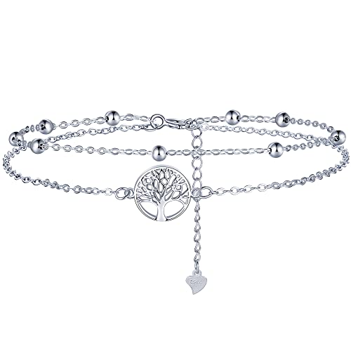 Lydreewam Lebensbaum Fußkettchen Silber 925 für Damen Doppel Fußkette mit Kugeln Sommer Barfuß Strand Fusskette, verstellbare 22+4cm Cover