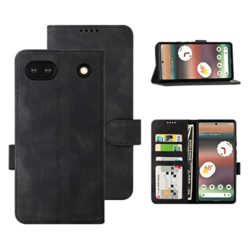 Étui portefeuille Google Pixel 6a coque à rabat en cuir PU noir antichoc avec porte-cartes
