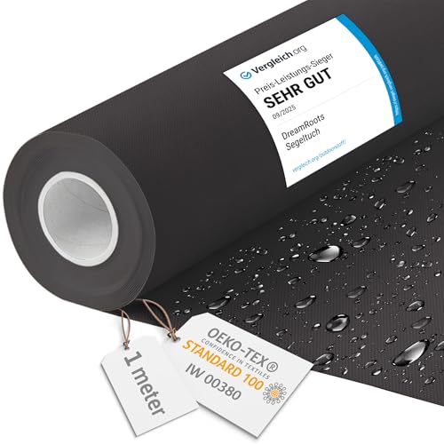 DreamRoots Segeltuch Wasserdicht - Polsterstoff Meterware 160 cm breit - Wasserabweisender Stoff 220 g/m2 600D - Markisenstoff Wasserdicht Meterware Schwarz 1M