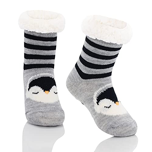 Zando Flauschige Lustig Kuschelsocken Kinder Haussocken Kinder Antirutsch Thermosocken für Mädchen und Jungen Schwarzer Pinguin 8-12 Jahre