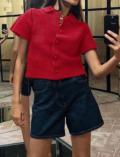 Tanming Womens Cardigan Sweaters Soft Chunky Knit Top Short Sleeve Button Loose Outerwear Sweater3