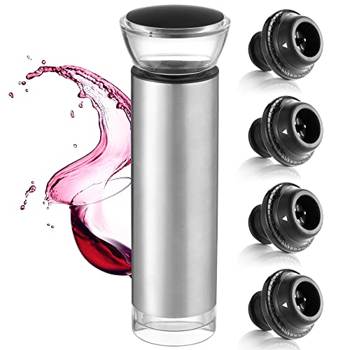 Mata1 VinFlow5 Pompa per Vuoto con 4 Tappi per Bottiglie di Vino, Conservatore per Vino in Acciaio Inossidabile con Tappi Sigillanti in Silicone per Alimenti, Argento