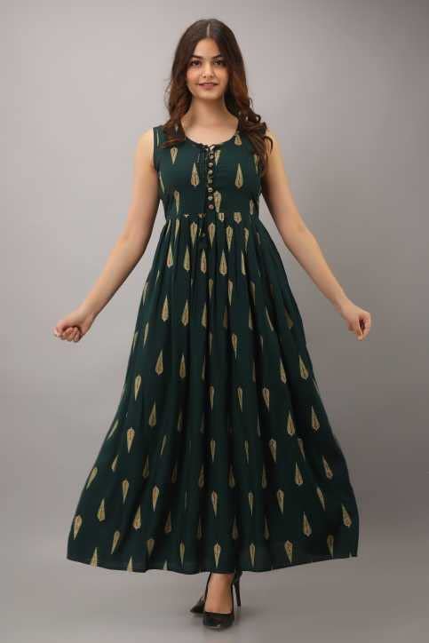 Image of Women's Rayon Printed Anarkali Kurti Set with Pant & Dupatta | Regular Fit Ethnic Suit Set for Women Flared Anarkali Kurta with Matching Bottom & Dupatta Casual Green, XX-Large