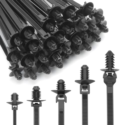 XINGO 150 PCS Push Mount Zip Ties-5 Types, Nylon Car Mount Wire Tie Snap in Cable Zip Ties, Black Push Mount Cable Ties Automotive Zips Tie Fastener Wire Harness Clips for Wire Tying