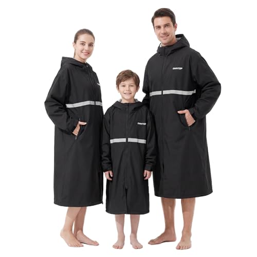 Owntop Bata cambiadora para adultos y niños, resistente al viento, impermeable, de gran tamaño, con bolsillos forrados de felpa y capucha para playa, surf, natación, pasear al perro, Negro/gris., L