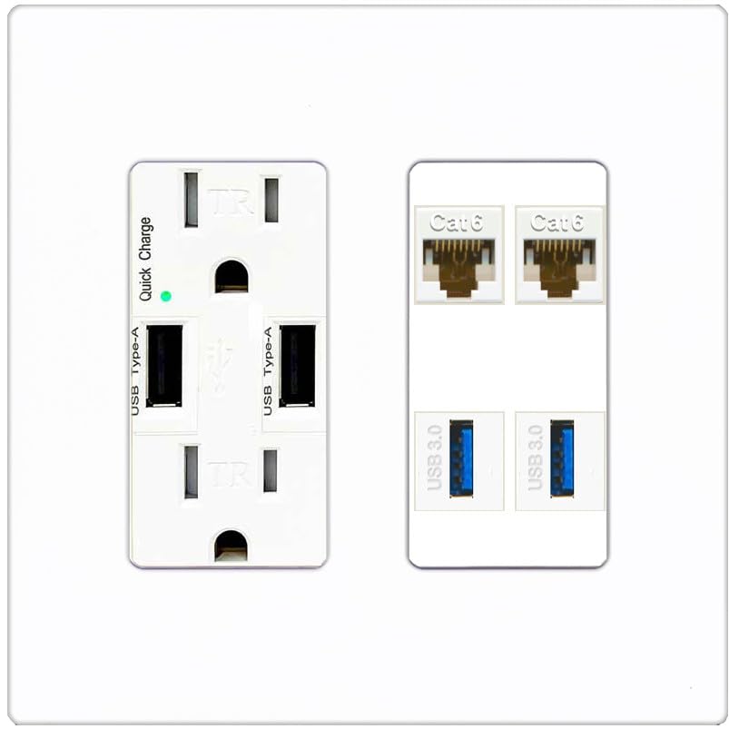 RiteAV 2 Port Cat6 2 USB3 Wall Plate - USB Outlet [Screwless White]
