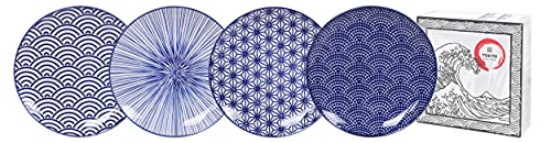 Tokyo Design Studio | Nippon Blue | LOT DE 4 ASSIETTES | En Porcelaine Asiatique | Dessins Géométriques | Coffret Cadeau (16 cm)