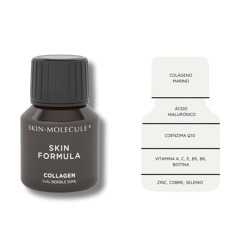 SKIN MOLECULE X - Skin Fórmula - Colágeno Marino Peptan® con Ácido Halurónico, Coenzima Q10, Vitaminas y Minerales, Colágeno Bebible | Rejuvenece e Hidrata la Piel, Fortalece Cabello (Plan 27 días)