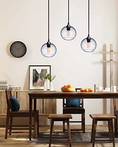 ARIAMOTION Pendant Lights Kitchen Island 3 Pack Hand Blown Glass Modern Farmhouse Lighting Clear Seeded Bubbles Dining Room Table Coffee Bar Counter Brushed Nickel Globe Shape 7.5 Inch Diam - Image 3