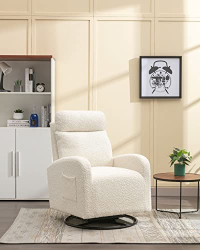 Image of Luccalily 360°Swivel Glider Chair for Nursery, Upholstered Comfy Rocking Nursery Chair with Breathable Fabric & Side Pocket for Bedroom, Living Room, White Teddy