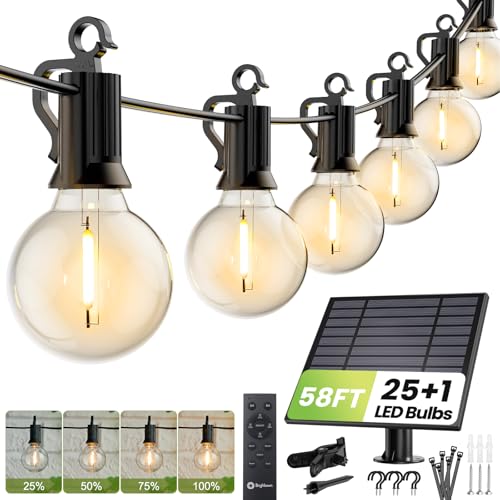 Brightown 58FT Solar String Lights Outdoor with Remote Cable Ties Hooks, 26 LED Shatterproof Bulbs, 3 Light Modes, Dimmer & Timer, Commercial Grade Patio Lights for Yard Balcony Pergola Party Decor