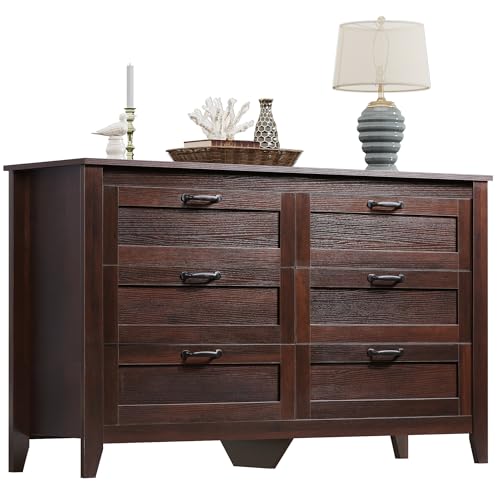 WLIVE Wood Dresser for Bedroom, Double 6 Drawer Dresser with Metal Handle, Large Wooden Chest of Drawers for Living Room, Hallway, Closet, Rustic Brown