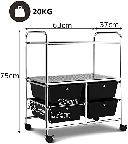 TANGZON 4 Drawers Storage Trolley, 3-Tier Slide Out Rolling Cart with Lockable Wheels, Mobile Shelving Unit Organiser for Home Office and Kitchen (Black)
