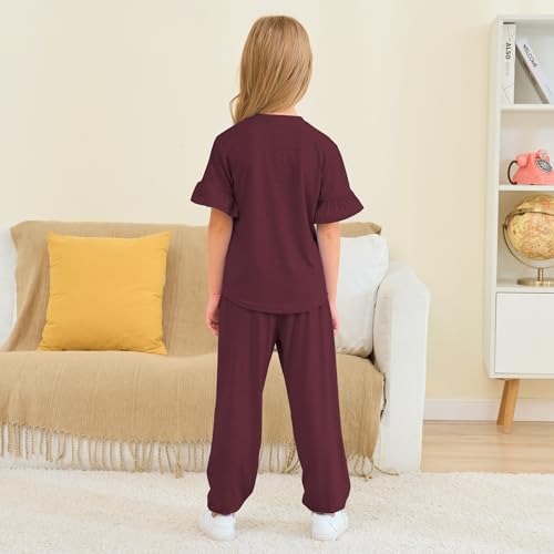 Image of Kids Girls Outfits Ruffle Sleeve T-Shirt Pants Set 2Piece 4-13 Years