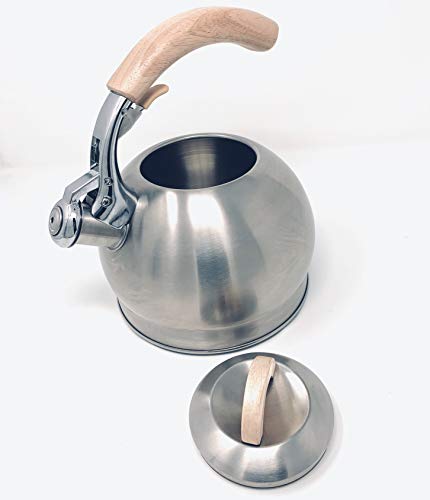 Stainless Tea Kettle ALDEN MAXWELL - Water Kettle For Stovetop - Real Wood Cool Handle Tea Pot For Stove Top - 3 Qt Whistling Water Kettle