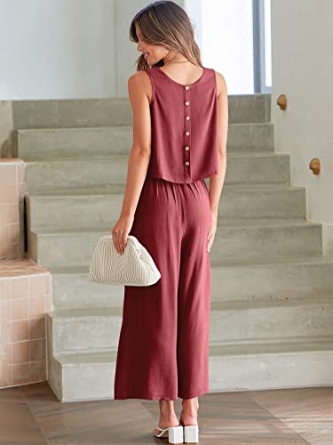 Image of ANRABESS Women's Summer 2 Piece Outfits Sleeveless Tank Crop Button Back Top Cropped Wide Leg Pants Set Pockets