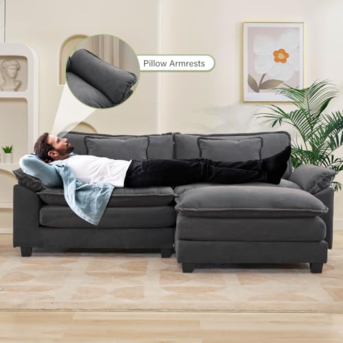 Image of Oprisen 86 inch Modular Sectional Sofa, Comfy Cloud Couch Sectional Sofa with Ottoman, Velvet Sofa Sleeper Deep Seat Sofa with Throw Pillows for Living Room (Blue Gray, 86 inch- L Shape)