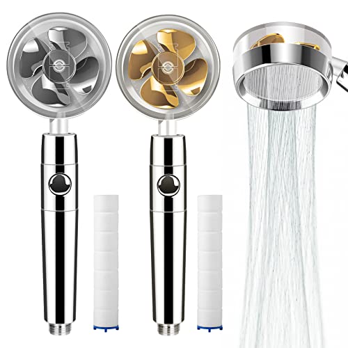 360 Degrees Rotating High Pressure Shower Heads, Handheld Turbo Fan Shower With Filter, One Key Pause Switch, Easy Install Showerhead (2 Pcs: Silver And Gold) #TOP23