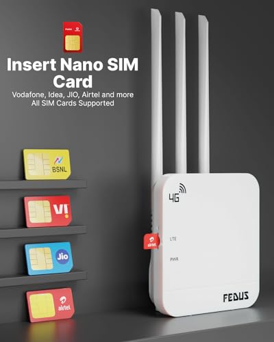 Image of FEDUS 4G Router Mobile Sim Based with 5dbi Triple Antenna 150 Mbps Speed Plug and Play Unlocked Wi-Fi Router with SIM Card Slot No Configuration Required Support All 4G Sim Card, NVR, DVR, WiFi Camera