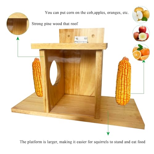 LENEDI Squirrel Feeder, Wooden Squirrel Feeders for Outside with Corn Cob Holder and Removable Front Panel, Outdoors Durable Wood Chipmunk House for Corn Peanuts, Easy to Clean & Refill, Rainproof