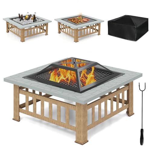 GYMAX Brasero Extérieur Multifonctionnel, avec Grill de Barbecue, Pare-Feu, Tisonnier, Couvercle, Housse de Protection, Cadre en Métal Revêtu de Poudre, Foyer pour Jardin, Terrasse (Gris)