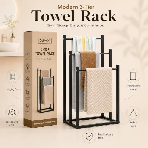 Image of Towel Rack Stand for Bathroom | 3-Tier Metal Towel Holder | Rust Resistant Powder-Coated Steel | Space Saving Towel Drying Stand for Bath Towels, Hand Towels & Blankets | Black /White