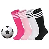 Zando Calcetines de fútbol para niños, unisex, calcetines deportivos para niños y niñas, medias de rayas, calcetines deportivos de algodón para niños de 4 a 9 años, Negro/Blanco/Melocotón/Rosa, 6-9