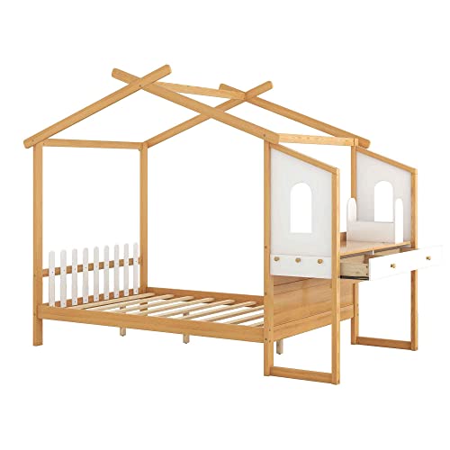 Aty House Shaped Full Size Bed With Built-In Desk, Wood Bunkbed Frame W/Separate Storage Pen Case, 2 Drawers, Roof & Windows Design, Perfect For Kids, Teens, Students, Sspace Saving, Natural+White #TOP2