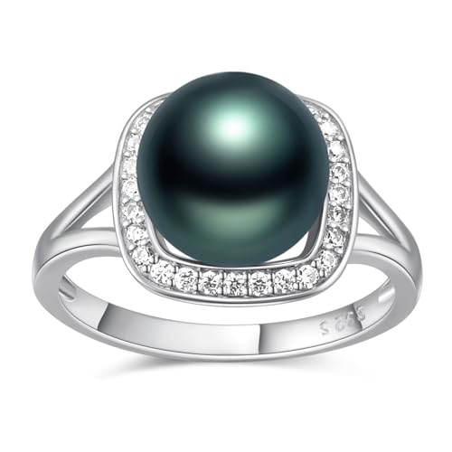 Black Pearl Ring for Women Sterling Silver 18K Gold Plated Square Elegant Pearl Engagement Ring Wedding Jewelry Gifts for Mom Mother Size 7