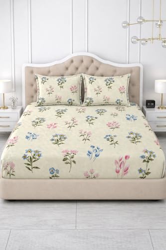 Image of 300 TC Cotton Feel Glace Cotton Elastic Fitted Bedsheet for King Size Double Bed | Fits up to 8 Inch Mattress | Printed Bedsheet with 2 Pillow Covers (Cream Leaf, King Size - 72 inchx78 inch)