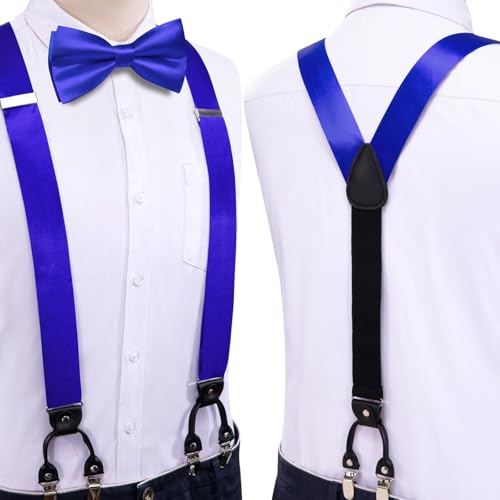 Image of Hi-Tie Men Suspender Bowtie Set Suspenders Pre-tied Bow Tie Pocket Square Cufflinks Adjustable Y Shape 6 Clips Braces Tuxedo