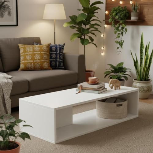 Image of FURLAY Aura Engineered Wood Coffee Table, Minimalist Matte White Coffee Table - 80cm Center Table with Asymmetrical Open Storage & Sleek Geometric Design for Living Room or Office (FWTC5-White)