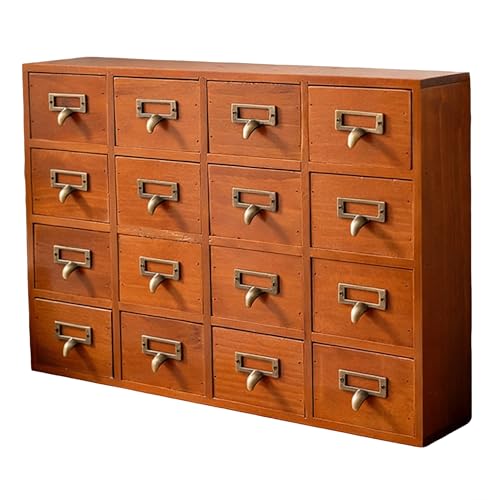 Armario de almacenamiento de madera vintage con 16 cajones para oficina en casa y manualidades, mueble de mesa de catálogo de tarjetas de biblioteca, acabado marrón