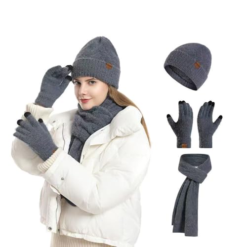 Irzaki Hat Scarf and Gloves Set Ladies Winter Beanie with Fleece Lined Thermal Long Scarf Fingers Touchscreen Gloves 3 in 1 Cold Weather Gift Set