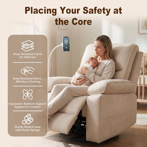 Image of 360 Swivel Glider Rocking Chair Nursery， Oversized Recliner with Phone Holder，Nursing Chairs for Breastfeeding with Wide Foot Rest for Living Room and Baby Room,Beige