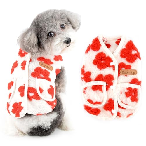 Ranphy Fleece Dog Sweater for Small Girls Floral Warm Pet Outfit with Double Pockets Back Open Puppy Vest Soft Autumn Winter Sweatshirt Chihuahua Yorkie Clothes Cat Apparel Red M