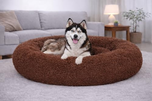 Image of ZEXSAZONE Summer Round Donut Pet Bed for Cats, Puppies, and Dogs, Cozy and Plush, Raised Bedside Support, Both Sides Use Like 2-in-1, Washable, Sizes for Small, Medium, and Large Pets. (Brown, XL)
