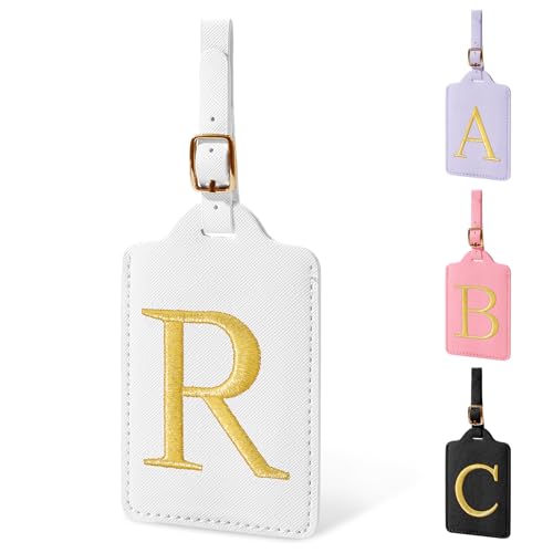 Personalized Initial Luggage Tags for Suitcase TSA Approved, White Leather Cute Luggage Tag with Privacy Cover Name Card, Embroidered Custom Luggage Tags Travel Baggage Tags Gifts for Women Kids(R)