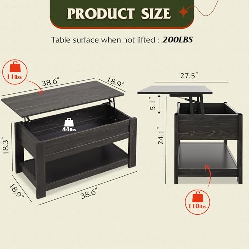 Wlive Coffee Table, 39 Inch Lift Top Coffee Table With Hidden Compartment And Storage Shelf For Living Room, Espresso thumb #2