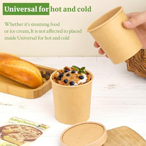 Image of 16 Oz 50 Pack Paper Soup Containers with Lids, Paper Soup Cups | Biodegradable Ice Cream Cups, Disposable Soup Containers with Lids for Microwave, Refrigerator, Desserts, Ice Cream
