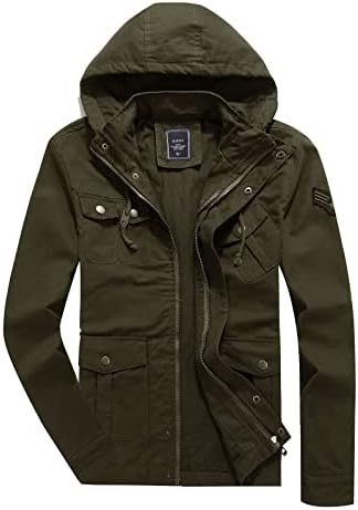 HIJEWE Men's Cotton Military Jackets Lightweight Canvas Lapel Cargo Coat Casual Outerwear with Detachable Hood(Army Green, XX-Large)