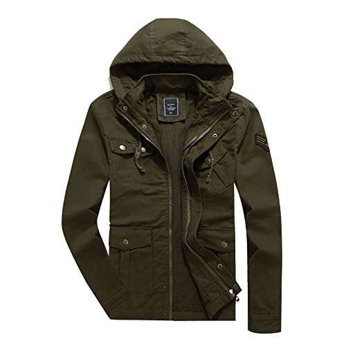Hijewe Men's Cotton Military Jackets Lightweight Canvas Lapel Cargo Coat Casual Outerwear With Detachable Hood(Army Green, Xx-Large) #TOP16