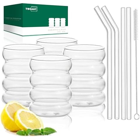 twoant Ribbed Drinking Glasses Set with Straws Cover