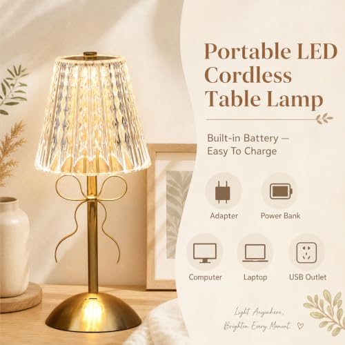 Image of Liliful 2 Pcs Cordless Table Lamp Rechargeable Touch LED Small Gold Portable Battery Operated USB-c Desk Lamp 3 Color Dimmable for Bedroom Living Room Dining (Gold,Classic Style Bow)