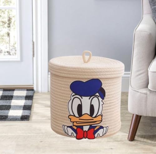 Image of Aroma Brand Kids Lid Basket with Beautiful Characters - Rope Storage Basket for Baby Diaper, Stuffed Animal Storage Bin Rope Basket for Kids Toy, Baby Laundry Baskets with Lid (Cream Duck)