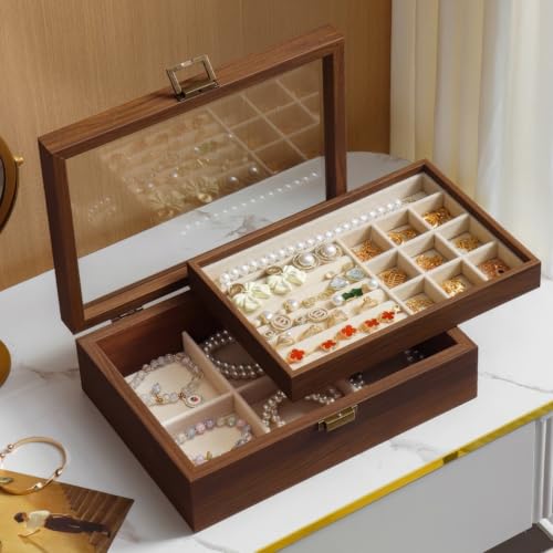 QINGTUHOME 2-Layer Glass Lid Walnut Jewelry Box for Women Vintage Style Solid Wood Jewelry Organizer and Display Case Ideal Gift for Rings Earrings Necklaces & Bracelets
